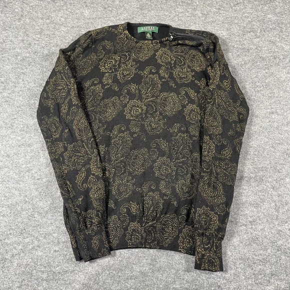 LRL Ralph Lauren Sweater Womens Small S P Black Paisley Boat Neck‎ Zip Wool Y2K - Picture 1 of 16